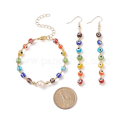 Natural Pearl & Lampwork Evil Eye Beaded Dangle Earrings & Bracelet&nbsp;SJEW-JS01260