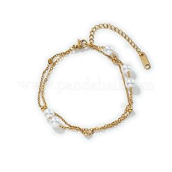 Stainless Steel & Round Plastic Pearl Link Chain Double Layer Bracelets&nbsp;AT2612