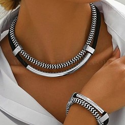 Alloy Polyester Black White Necklace & Bracelet Set&nbsp;FS-WG59022-02