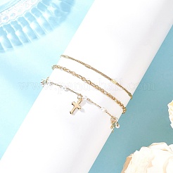 Round ABS Imitation Pearl Beaded Chains & 304 Stainless Steel Cable Chains Stackable Bracelets for Women&nbsp;BJEW-JB12452-01