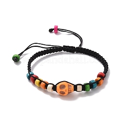 Synthetic Turquoise Skull & Wood Disc Braided Bead Bracelet for Halloween&nbsp;BJEW-TA00260