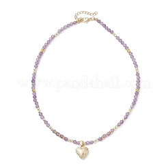 3Pcs 3 Styles Brass Heart Locket Pendant Faceted Round  Natural Amethyst & Rose Quartz & Dyed Agate Beaded Necklaces&nbsp;NJEW-JN05737