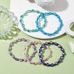 Mixed Gemstones Handmade Evil Eye Lampwork Beaded Stretch Bracelets&nbsp;BJEW-JB10208