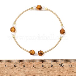 Natural Amber and Shell Pearl Round Beads Brass Cuff Bangles&nbsp;BJEW-JB14462
