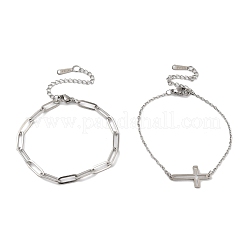 Tarnish Resistant 304 Stainless Steel Paperclip Chains & Cable Chain Bracelet Sets&nbsp;AJEW-U005-05A-P