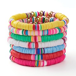 7Pcs Rainbow Polymer Clay Heishi Beads Stretch Bracelets Set&nbsp;BJEW-JB05889
