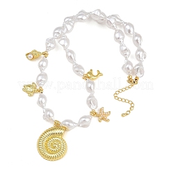 Ocean Brass Conch Shell Dolphin Turtle Pendant White ABS Plastic Imitation Keshi Pearl Beaded Necklaces&nbsp;KK-CBA4547-02G
