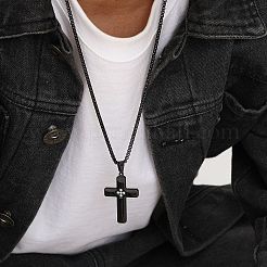 Men's Stainless Steel Clear Cubic Zirconia Cross Pendant Box Chain Necklaces&nbsp;PW-WG79D52-02