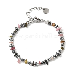 Natural Multicolor Tourmaline Chip & Non-magnetic Synthetic Hematite Beaded Bracelet for Women&nbsp;BJEW-Z148-02P-06