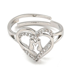 Heart with Letter Rack Plating Brass Micro Pave Clear Cubic Zirconia Adjustable Rings for Women&nbsp;RJEW-I105-01P-M