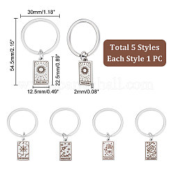 5Pcs 5 Style Rectangle with Tarot 316 Stainless Steel Pendant Keychains&nbsp;KEYC-UN0001-13P