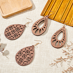2 Pairs 2 Style Natural Wood Hollow Out Teardrop Dangle Earrings&nbsp;EJEW-AN0001-54