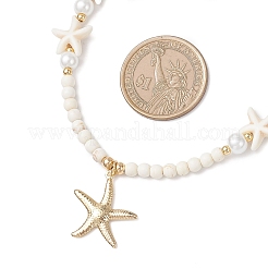 304 Stainless Steel Starfish Pendant Glass Pearl & Synthetic Turquoise Round Beaded Necklaces&nbsp;NJEW-JN05505-02