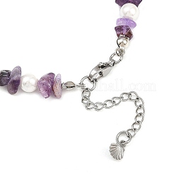 Alloy Enamel Shell Shape Charm White Round Shell Pearl & Natural Amethyst Chip Beaded Anklets&nbsp;AJEW-AN00734-03