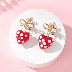 Heart with Bowknot Alloy Lampwork Dangle Stud Earrings&nbsp;EJEW-JE06793