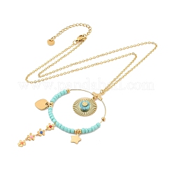 Boho Plasic Bead & 304 Stainless Steel Flower & leaf Pendant Cable Chain Necklaces for Women&nbsp;NJEW-A032-07G-02