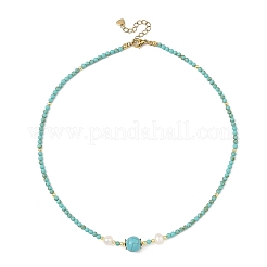 Synthetic Turquoise Round and Natural Cultured Freshwater Pearl Beaded Necklaces&nbsp;NJEW-JN06554-01