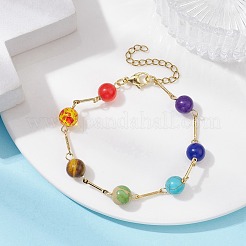 Natural & Synthetic Mixed Gemstone Round Beaded Link Chain Bracelet&nbsp;BJEW-JB09971