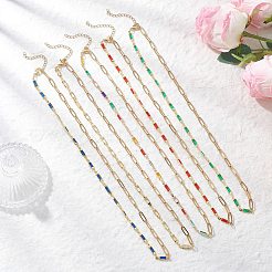 Brass Glass Rectangle Link Chain 304 Stainless Steel Paperclip Chain Necklaces&nbsp;NJEW-JN05537