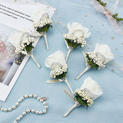 Cloth Rose Flower Boutonniere Brooch with Rhinestone&nbsp;LS-AJEW-WH0258-294C