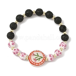 2Pcs 2 Colors Handmade Printed Porcelain Floral Flat Round & Round Natural Lava Rock Beaded Stretch Bracelet Sets&nbsp;BJEW-JB14186