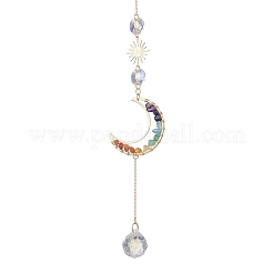 Chakra Natural Gemstone Chips & Brass Moon Hanging Suncatchers&nbsp;HJEW-JM04625