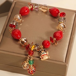 Teardrop & Fortune Cat Alloy Glass Charm Bracelets&nbsp;FS-WG2F667-01