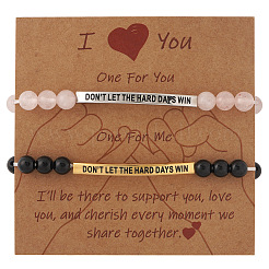 2Pcs Inspirational Quote Brass & Natural Rose Quartz & Black Onyx Round Beaded Stretch Bracelet Set&nbsp;AW1158-4