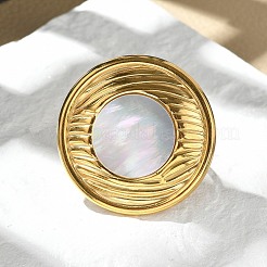 Flat Round 304 Stainless Steel White Shell Finger Rings for Women&nbsp;RJEW-G346-05G-02