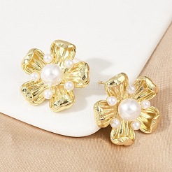 Flower Brass ABS Imitation Pearl Stud Earrings&nbsp;EJEW-M082-08G