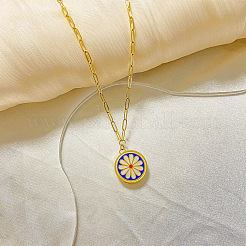 303 Stainless Steel Enamel Flat Round with White Flower Pendant Necklaces for Women&nbsp;FS-WGC7F5D-01