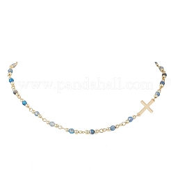 Faceted Dyed Natural Agate Round Beads & 304 Stainless Steel Tiny Cross Handmade Link Chain Necklaces&nbsp;NJEW-JN05842-01