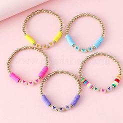 5Pcs Luminous Acrylic Heart & Plastic & Polymer Clay Heishi Stretch Bracelets Set&nbsp;HEAR-PW0001-123G