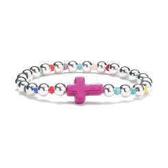 Synthetic Turquoise(Dyed) Cross Stretch Bracelet with Glass for Women&nbsp;BJEW-JB07663