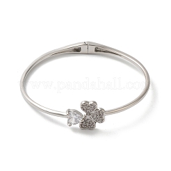 Rack Plating Brass Pave Clear Cubic Zirconia Clover & Heart Hinged Bangles&nbsp;BJEW-H616-01P
