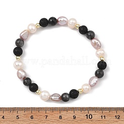 Natural Larvikite & Lava Rock Cultured Freshwater Pearl Beads Stretch Bracelets for Women&nbsp;BJEW-JB14084