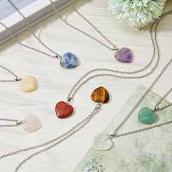 8Pcs 8 Styles Natural Mixed Gemstone Heart Pendant Necklace with Alloy Chains&nbsp;NJEW-FI0001-45