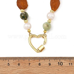 Raw Rough Natural Amber & Round Green Line Jasper & Potato Pearl Beaded Necklaces with Brass Screw Carabiner Lock Charms&nbsp;NJEW-JN06583-02