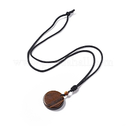 Natural Gemstone Flat Round with Tree of Life Pendant Necklace with Nylon Cord for Women&nbsp;NJEW-P274-03