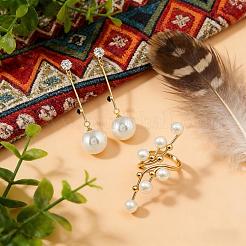 Iron with Imitation Pearl Round Dangle Stud Earrings and Cuff Rings Set&nbsp;YS4776-1
