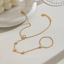 304 Stainless Steel Pave Flat Round Clear Cubic Zirconia Hand Chain Ring Bracelets for Women&nbsp;KK9979