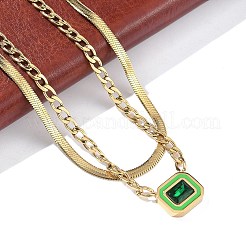 304 Stainless Steel Rhinestone Rectangle Pendant Double Layer Necklaces for Women&nbsp;NJEW-Z070-01G-02