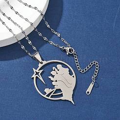 201 Stainless Steel Hollow Star with Prayer Pendant Necklaces for Ramadan & Eid Mubarak&nbsp;NJEW-D318-04P