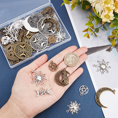 SUNNYCLUE 1 Box 72Pcs Tibetan Style Sun Charms Bulk Crescent Moon Charm Triple Goddess Moon Wolf Hollow Pentagram Star Round Metal Charms for Jewelry