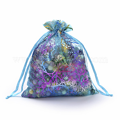 Organza Gift Bags, Drawstring Bags, Organza Pouches for Potpourri, with Colorful Coral Pattern, Rectangle, Dark Turquoise, 9x7cm