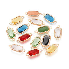 Faceted Glass Links connectors, with Golden Tone Brass Open Back Settings, Rectangle, Mixed Color, 18~19.5x8~9x3~4mm, Hole: 1~1.5mm