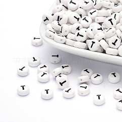 Acrylic Beads, with Horizontal Hole, Letter, Flat Round, Letter T, 7x4mm, Hole: 1.2~1.8mm, about 3500pcs/500g