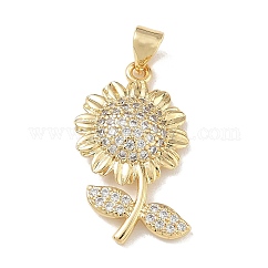 Brass Micro Pave Clear Cubic Zirconia Pendants, Sunflower Charms, Rack Plating, Long-Lasting Plated, Cadmium Free & Lead Free, Real 18K Gold Plated, 25x16.5x4mm, Hole: 5x3.5mm
