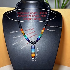 Colorful Chakra 8MM Round Natural Lava Stone Beaded Hexagonal Prism Pointed Healing Crystal Pendant Necklaces&nbsp;VZ5642