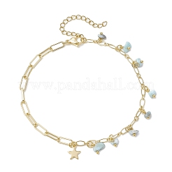 Natural Larimar/Moss Agate/Fluorite/Rutilated Quartz/Garnet Chips Charm Brass Figaro Chain Anklets&nbsp;AJEW-AN00667